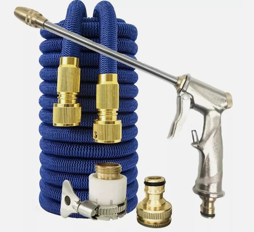 Expandable Garden Hose Pipe 100ft/30m, Retractable Hosepipes for Garden with 6 Functions Metal Jet Spray Gun, Expanding Magic Water Hose Attachments Brass Connectors, Flexible Hose Anti-Kink(Blue)