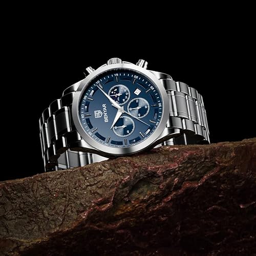 By Benyar Men's Watches Waterproof Sport Military Watch For Men Multifunction Chronograph Black Fashion Quartz Wristwatches Calendar With Leather Strap #TOP7