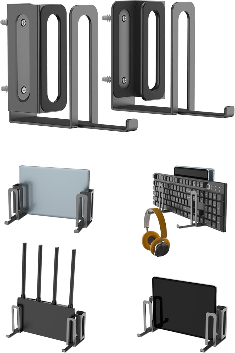 Universal Wall Mount Holder for Laptop and Keyboard, Black | Fit for Router, Modem, Cable Box, Desk Side Storage, Comes with Hook, Fit for Headphone Hanger