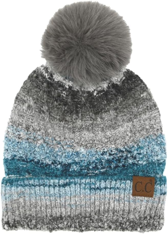 C.C Multi Color Space Dye Wool Stretchable Soft Warm Pom Beanie with Faux Fur Pom Knit Winter Skully Hat.
