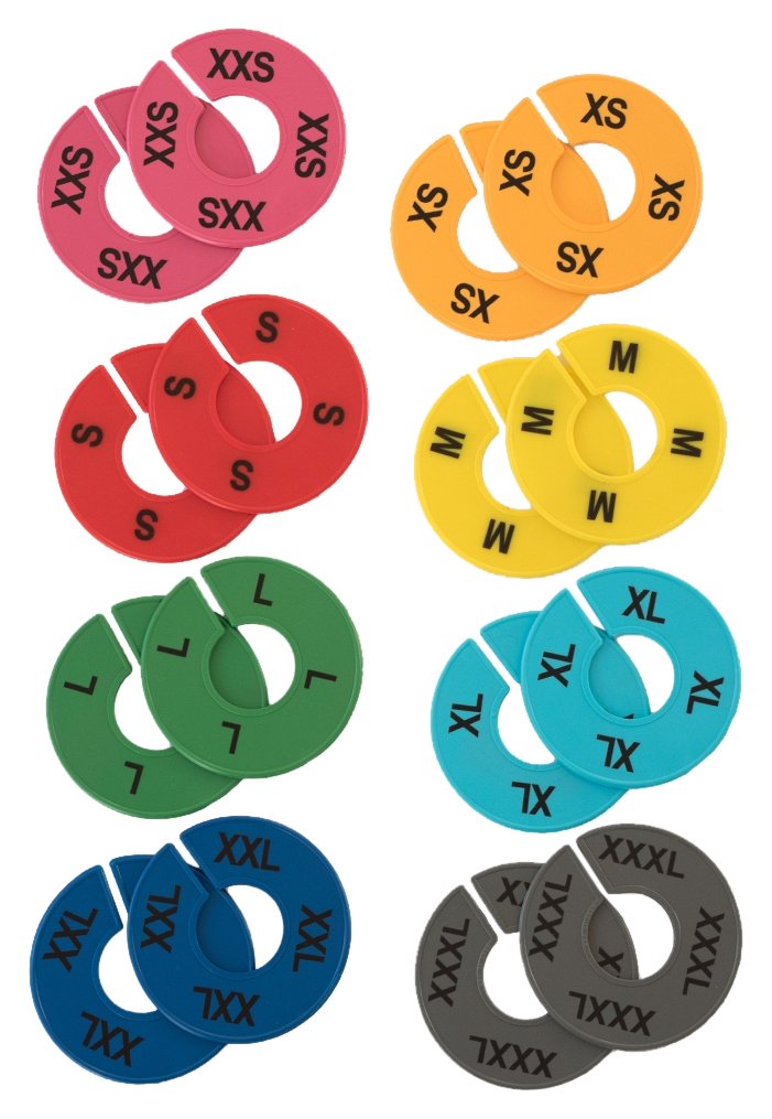 NAHANCO CCKIT3, Mixed Colors, Round Clothing Size Dividers with Black Print for XXS-XXXL, Kit of 16 (8 Sizes of 2 Each)