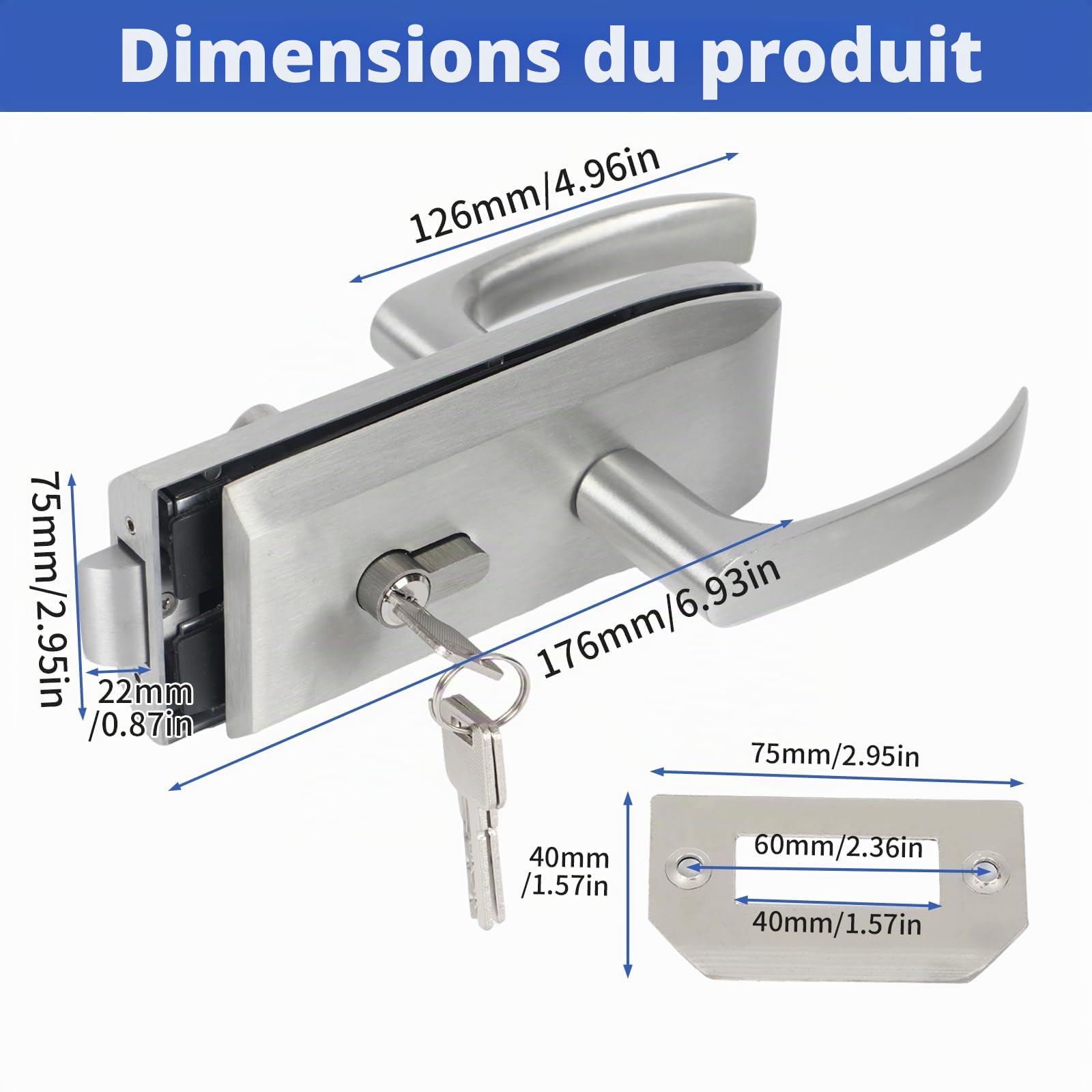 Serrure de porte en verre en acier inoxydable, poignée de porte avec 3 clés, poignée de porte en acier inoxydable mat avec encoche pour verre, bureau, salle de bain, chambre à coucher, balcon