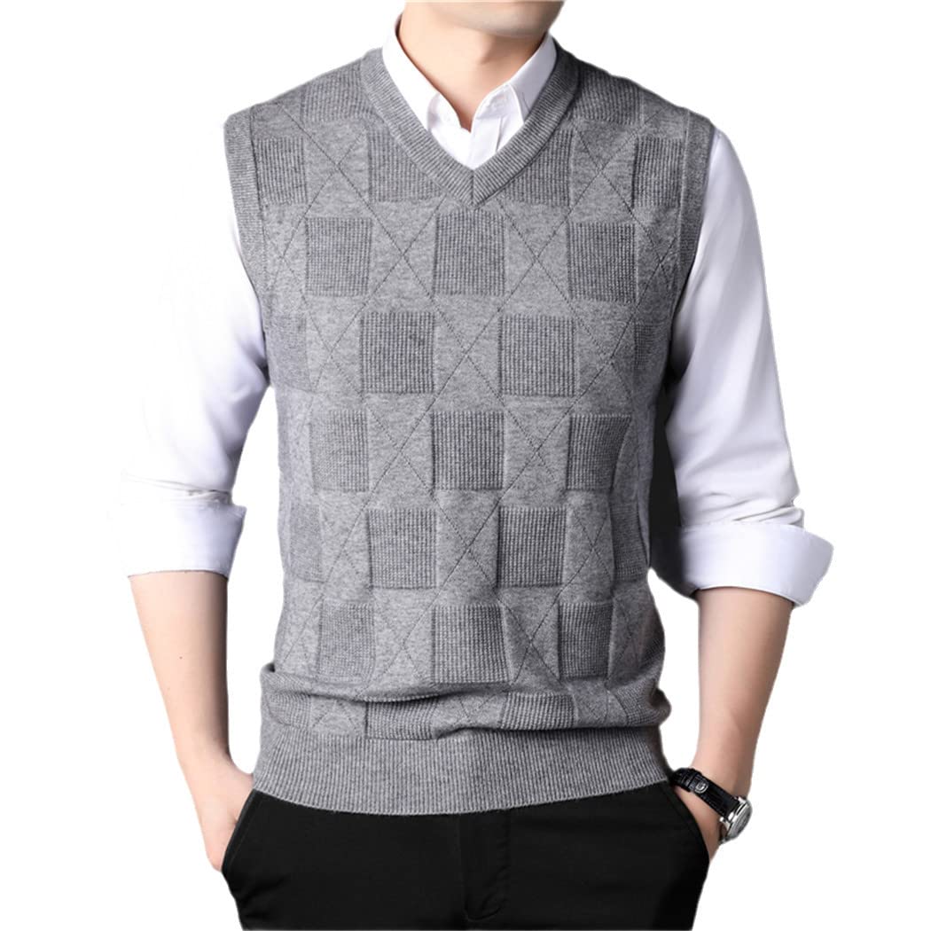 Chaleco de punto de cuello en V caqui de los hombres de otoño de negocios casual estilo clásico grueso sin mangas suéter chaleco, gris, M