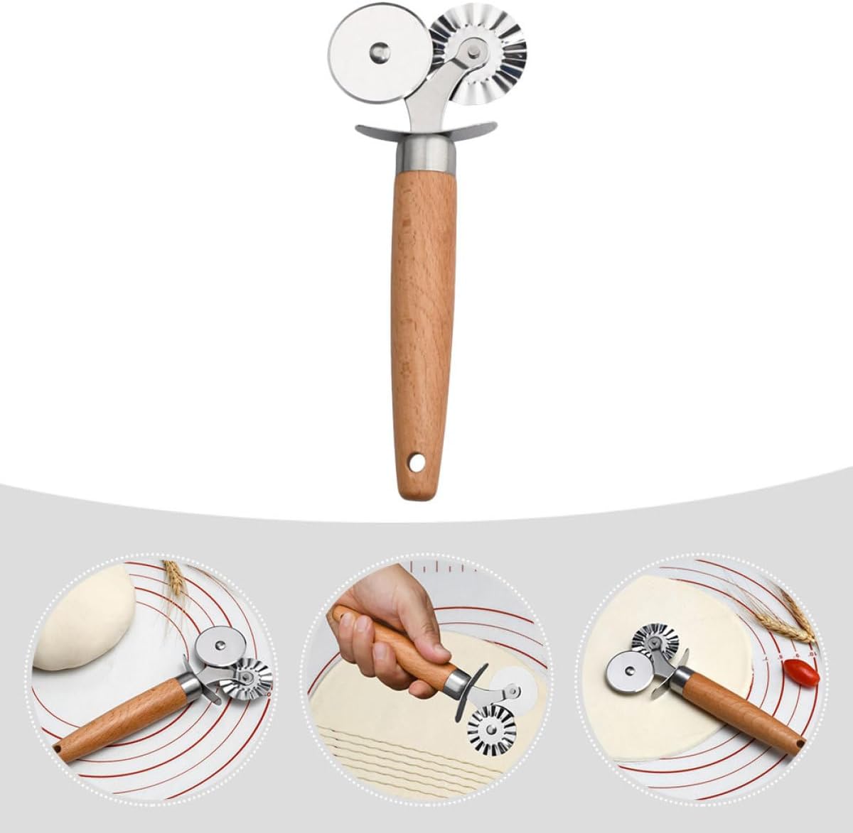 Generic Double Wheel Stainless Steel Pizza Cutter with Wooden Handle, Embossed Pastry and Pasta Roller, Kitchen Cutting Tool for Baking and Cooking Random Color