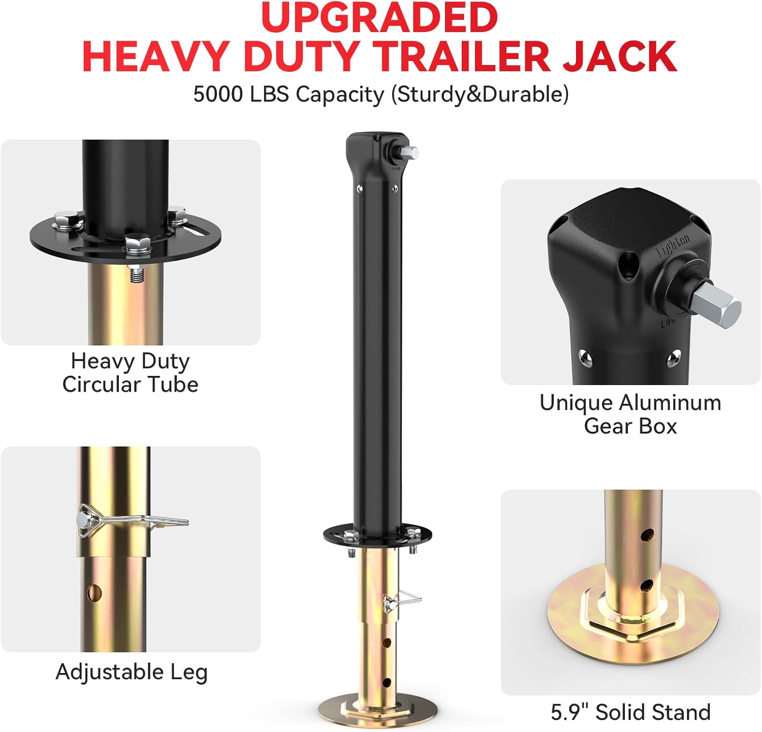 Trailer Tongue Support Jack (Electric Drill Adjust), Adjustable 3.8”-32” Height, Universal RV A-Frame Jack Supports up to 5000lbs Capacity, Bolt on Trailer Jack for Utility Yacht Boat