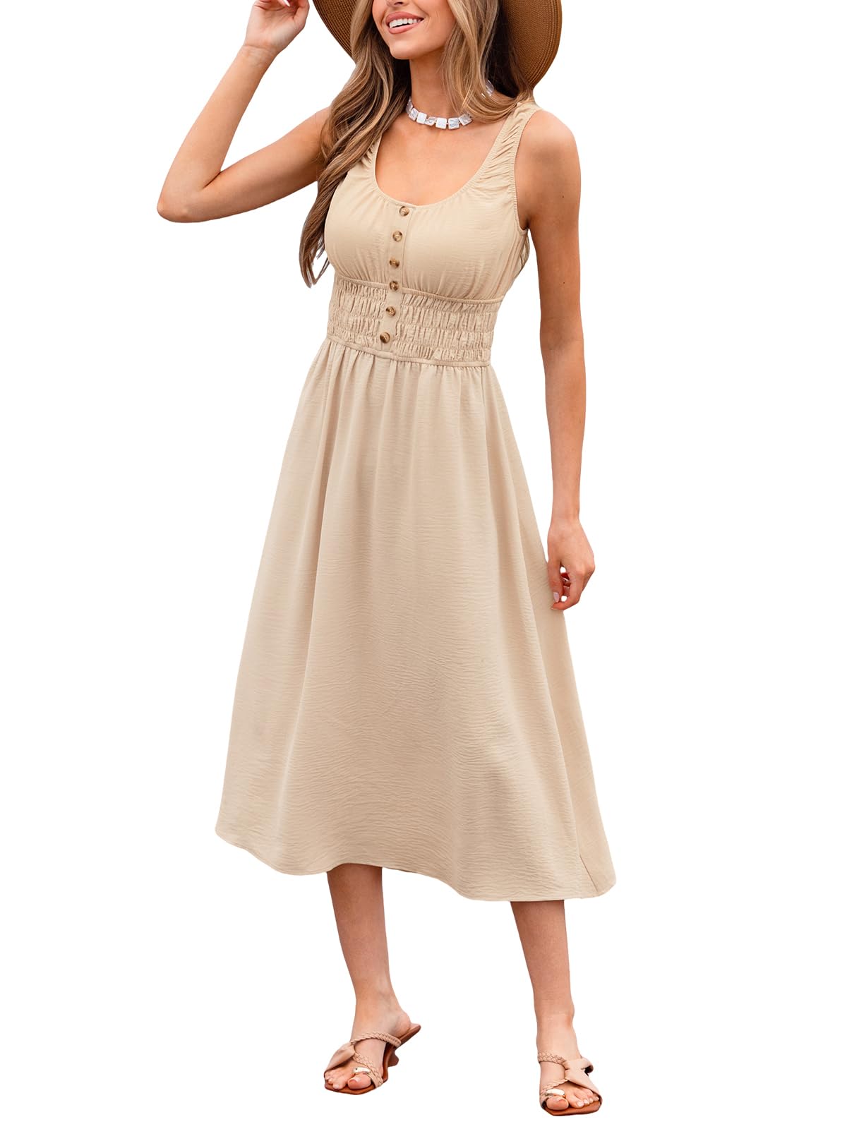 CUPSHE Abito estivo da donna, scollo rotondo, senza maniche, maxi abito con punto smock in vita, abito da spiaggia con bottoni sulla schiena scoperta