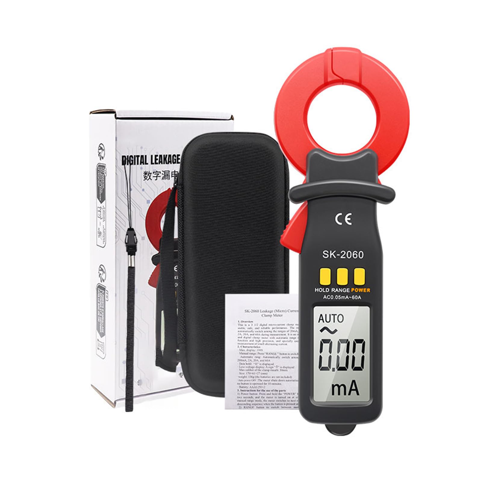 Probador de Corriente de Fuga, Pinza Amperimétrica Digital, Herramienta de Medición de Corriente CA CC de Rango 60 A para Electricistas, Rango Automático, Almacenamiento de Datos, Detección
