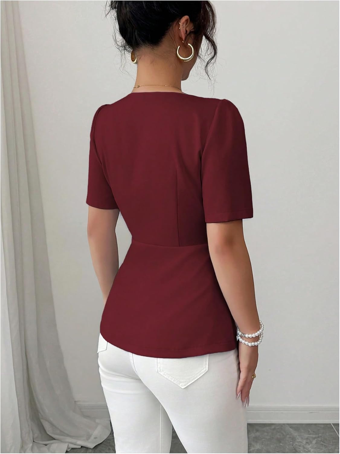 Floerns Women's Elegant Puff Sleeve Peplum Square Neck Flare Hem Dressy Casual Blouse Tops - Image 3