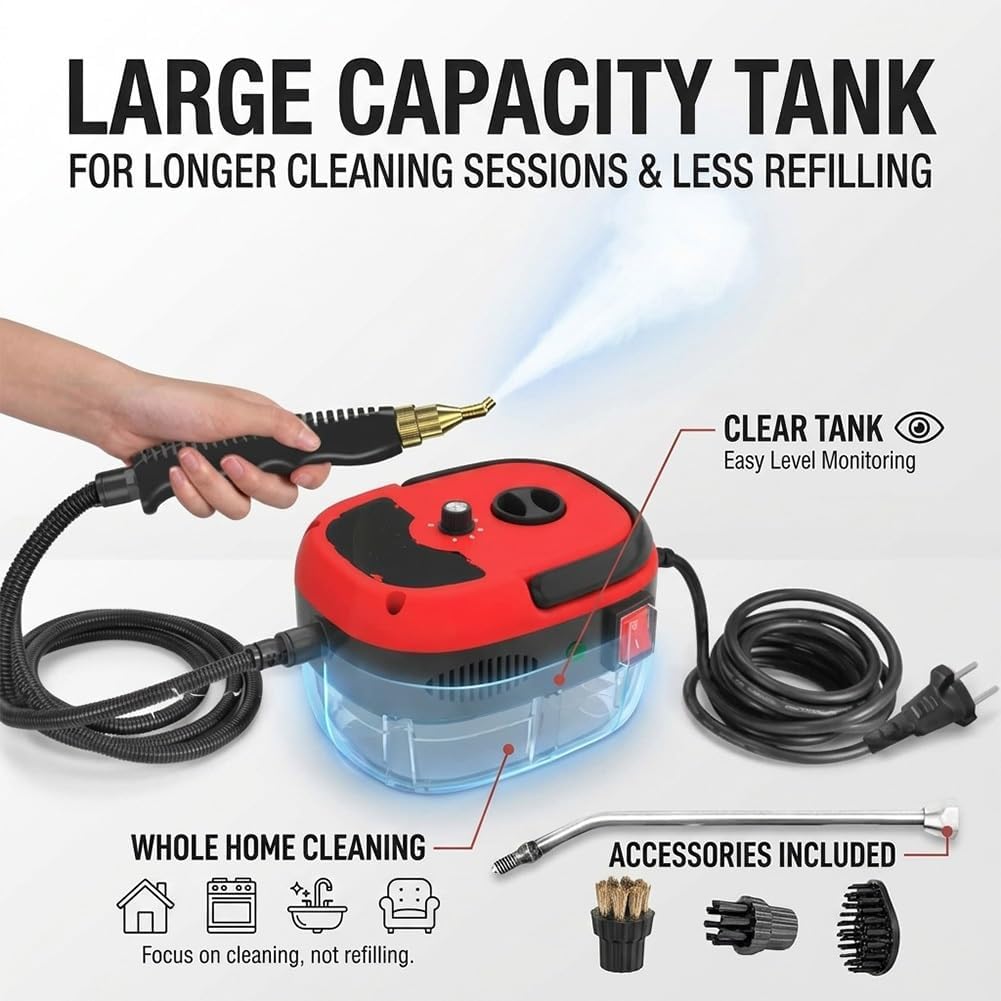 2026 New 2500w Handheld High-Temperature Pressurized Steam Cleaner, Portable Multi Surface Cleaning Machine Kitchen Grease Removal Adjustable Nozzle Large Capacity Tank Hose Brush Kit(Red)