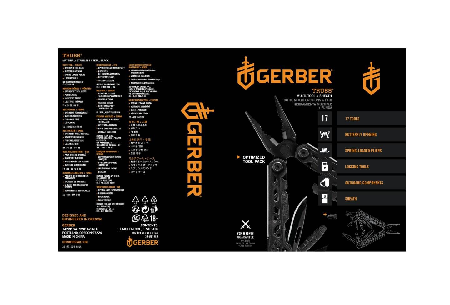 Gerber Herramienta multifunción con funda de nailon y 17 funciones, Truss Multi-tool, Negro, 30-001780
