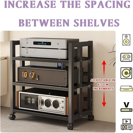 3/4-tier Movable Av Media Stand, Audio Rack With Adjustable Shelves, Stereo Racks And Stands With Wheels, Hifi Rack For Home, Office, Theater(3-Tier/40x40x90cm)