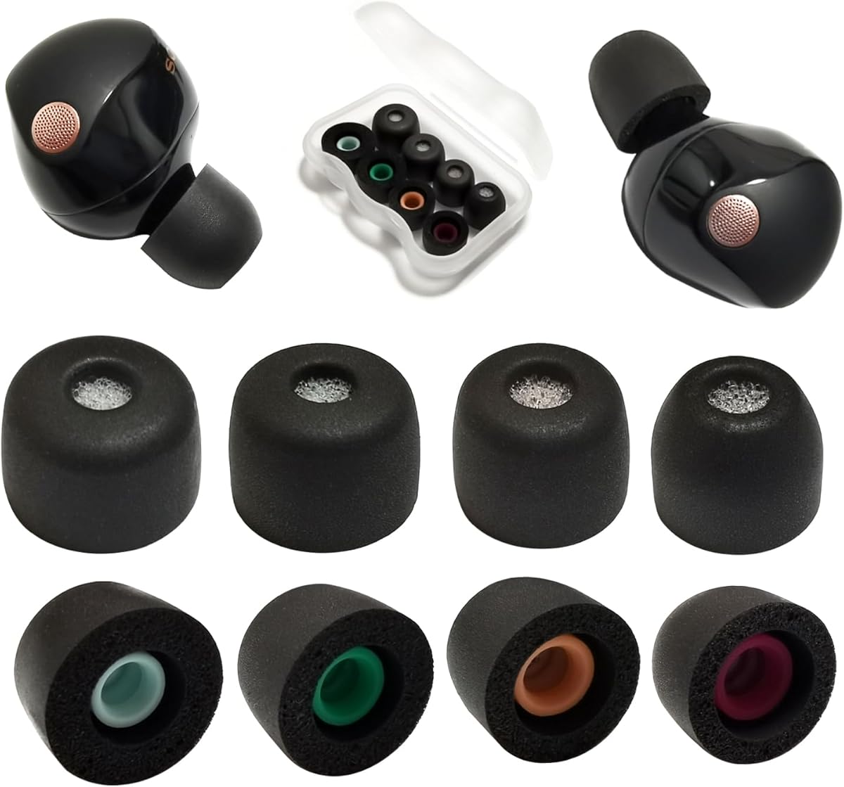 Memory Foam Ear Tips for Sony WF-1000XM5 Filter Screen Earbuds Tips for WF-1000XM5 WF-1000XM4 fit Charging Case, 4 Pairs Black