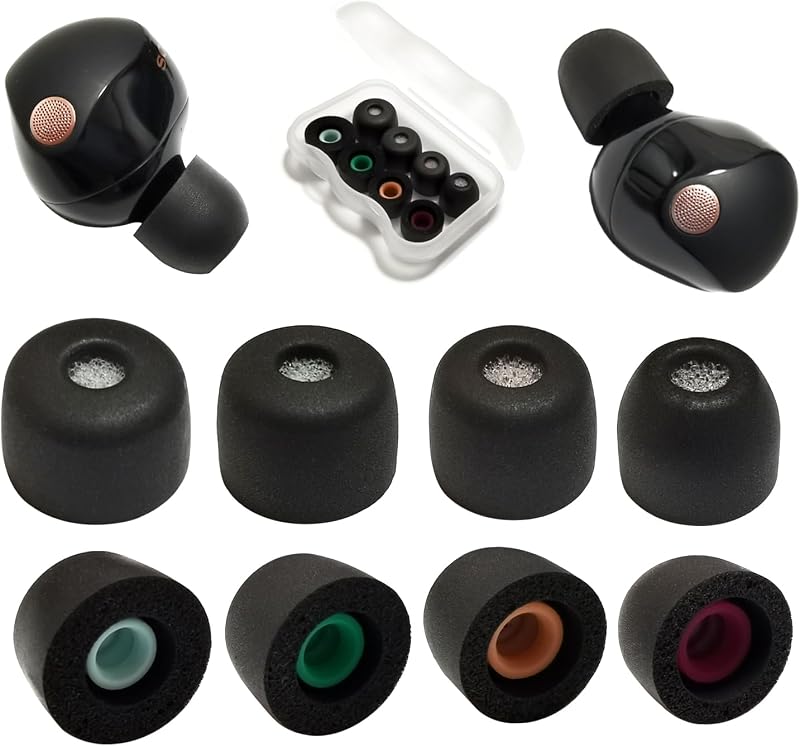 Memory Foam Replacement Ear Tips for Sony WF-1000XM5 with Filter Screen | 4 Pairs L/M/S/XS, Anti-Slip Tips for Sony Earbuds, Noise Isolating & Comfort Fit, Compatible with WF-1000XM4, Black