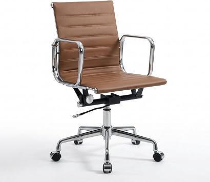 Okeysen Genuine Leather Office Desk Chair, Modern Real Leather Conference Room Chairs, Executive Ribbed Desk Chair for Home Office, Ergonomic Rolling Chairs with Aluminum Arms and Base.