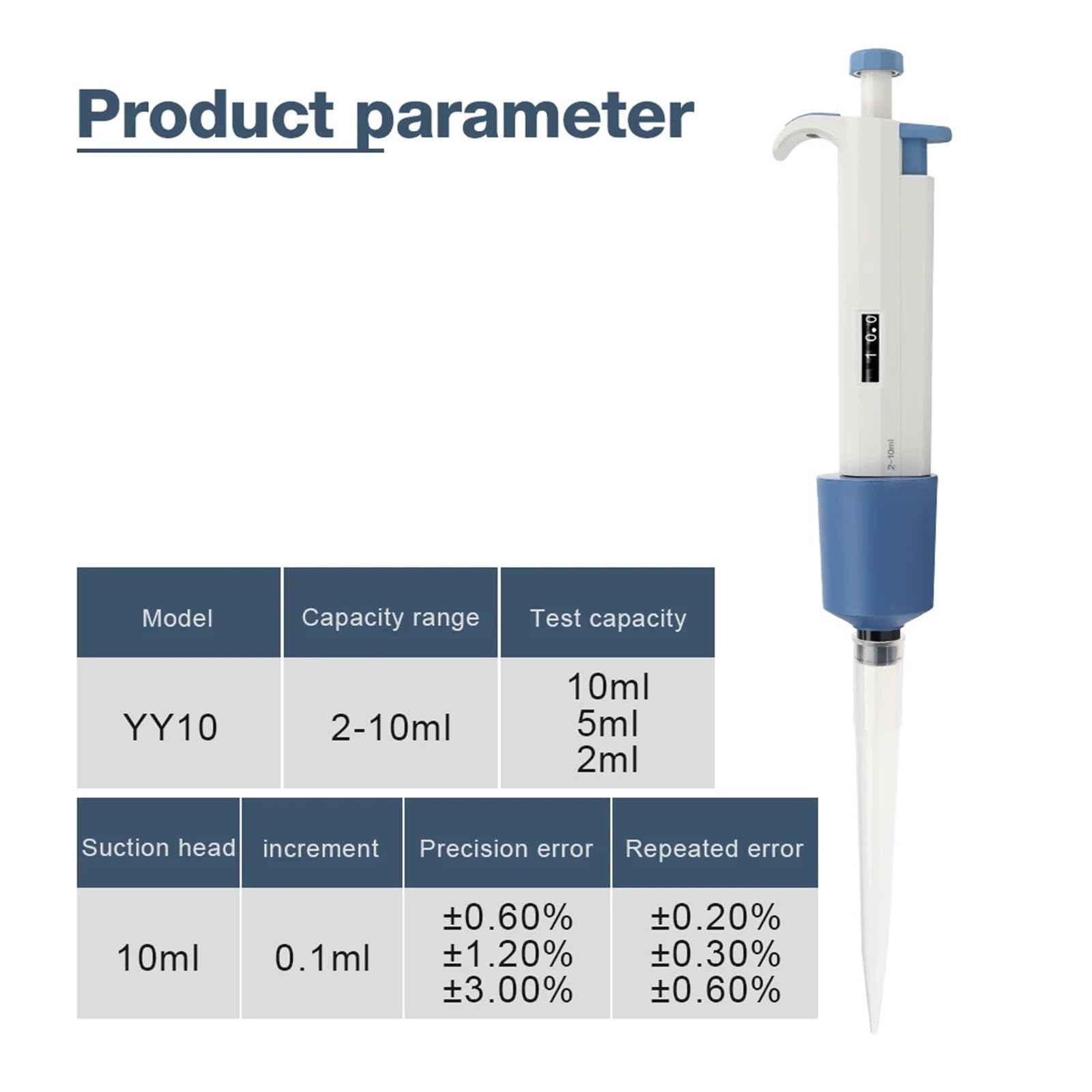 Pipeta de laboratorio de 2-10ml, micropipeta Digital de un solo canal ajustable con puntas de pipeta, dispensador de muestras Ajuste de volumen preciso