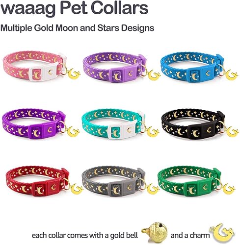 Vista 4 de waaag - Collar de seguridad para gato, con diseño de lunas y estrellas doradas, brilla en la oscuridad Lavanda