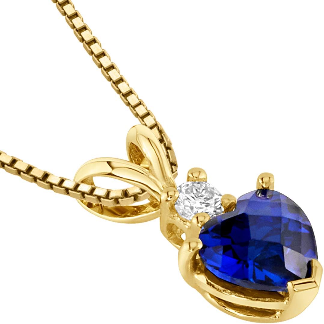 PEORA 14K Yellow Gold Created Blue Sapphire with Genuine Diamond Pendant for Women, AAA Grade Heart Shape Solitaire, 6mm, 1.20 Carats total, Sparkling Blue Sapphire Jewelry,