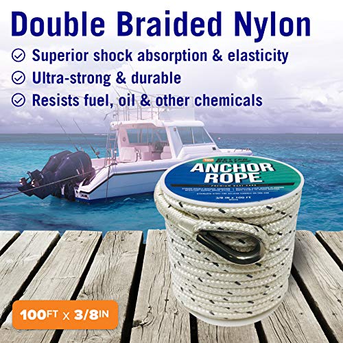 Image of Better Boat Premium Anchor Rope, 100 Ft Double Braided White Nylon Marine | Line, Reflective 3 /8 Inch Reel for Anchors and Boats, White