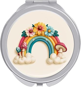 Retro Rainbow with Daisies and Mushrooms Compact Foldable Handheld Makeup Mirror Portable Double Sided Magnifying Pocket Mirror