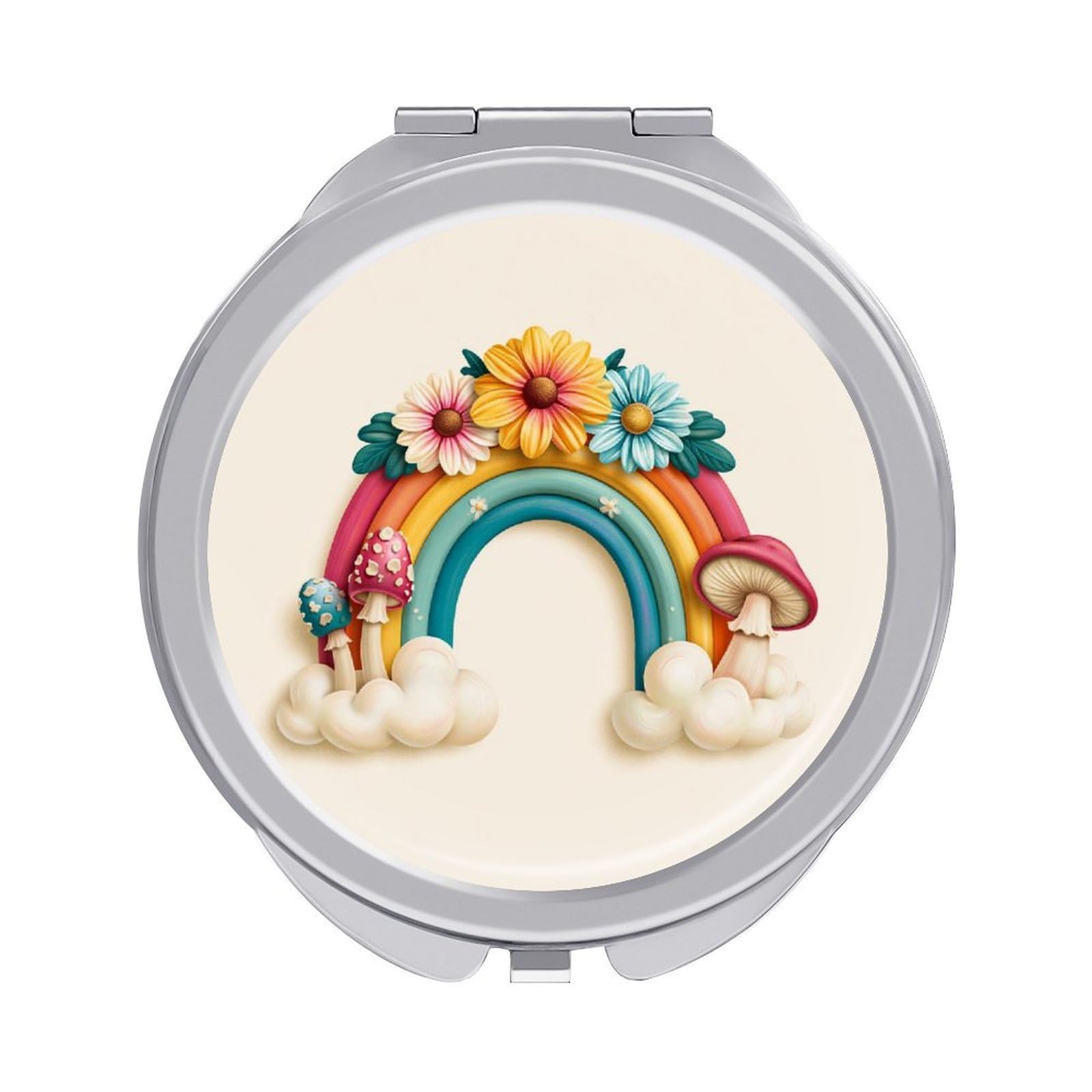 Jubonexis Retro Rainbow with Daisies And Mushrooms Women Pocket Mirrors, Girls Small Portable Travel Makeup Mini Mirror