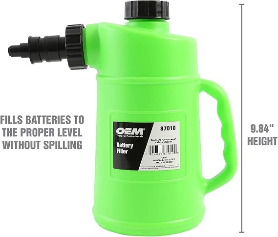 OEMTOOLS 87010 Battery Filler, 2 Liter Battery Water Filler, Distilled Water Jug with Auto Shutoff Nozzle, Spill Prevention, Heavy Duty Polyethylene Container