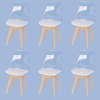 Juego de 6 Sillas de Comedor, Respaldo de TPE Transparente, Patas de Madera de Haya, Acolchado de Cuero PU, Estilo Nórdico Apto para Comedor, Cocina, Salón, Oficina, Cafetería.