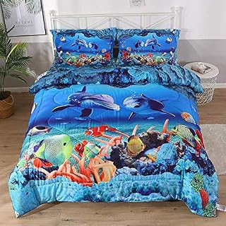 Qucover Blue Ocean Comforter Set, 3D Dolphin Bedding Sets Toddle Bedding 1 Bed
