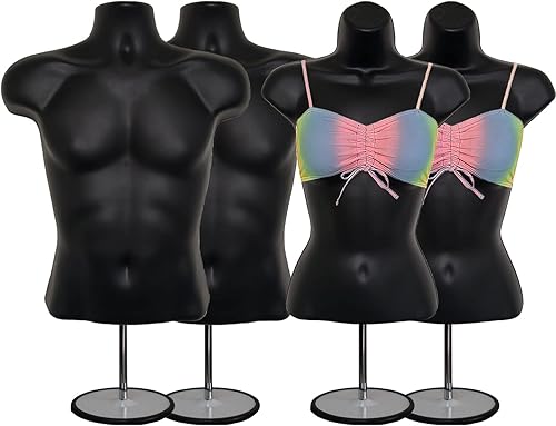 Miniatura 13 de DisplayTown Maniquí de torso masculino y femenino con soporte de metal, cuerpo con respaldo hueco, apilable, forma de vestido para exhibición