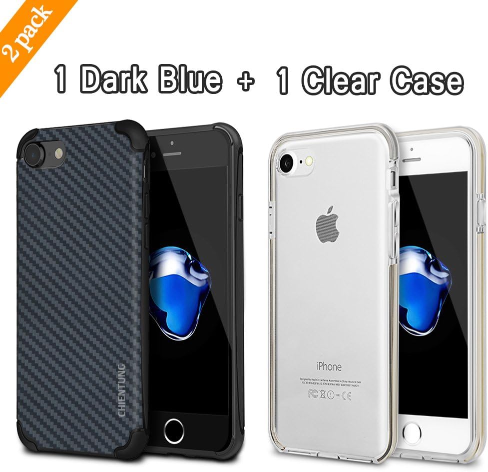 iPhone 7 Case, 2 Pack CHIENTUNG Apple iPhone 7 Case (Dark Blue and Clear) 99.9% Transparent Cover Shock-Absorbing Bumper and Anti-Scratch Case Dark Blue Protective and Slim-Fit Case for iPhone 7