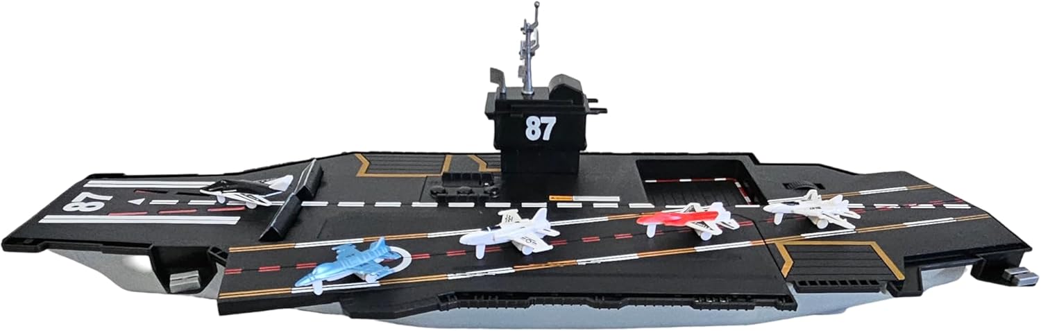30-Inch Black Toy Navy Aircraft Carrier with Realistic Sounds, Runway Lights - Includes 5 Military Fighter Jets for Action Packed Play