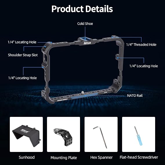 Nitze Cage for Atomos Shogun/Shogun Ultra/Shogun Connect - JT-A03C | Mounting Plate, Sunhood