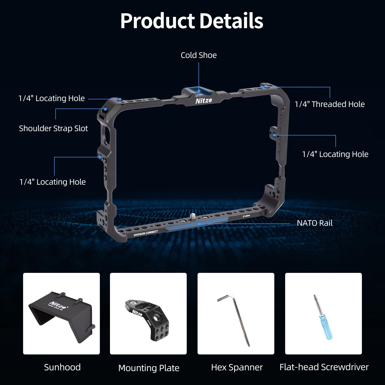 Nitze Cage pour Moniteur Atomos Shogun/Shogun Ultra/Shogun Connect, Cage de Moniteur avec Plaque de Montage et Capot Soleil - JT-A03C