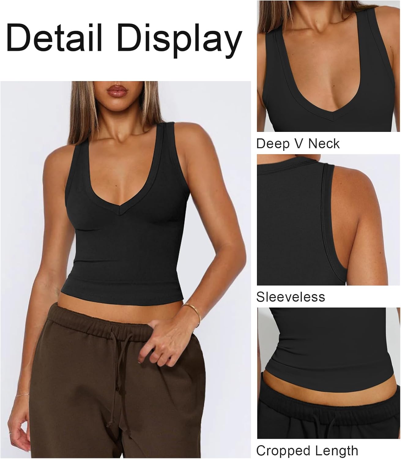 Women's Sexy Deep V Neck Cropped Tank Tops for Women Summer Slim Fitted Workout Going Out Top Basic Sleeveless Shirt - Image 3
