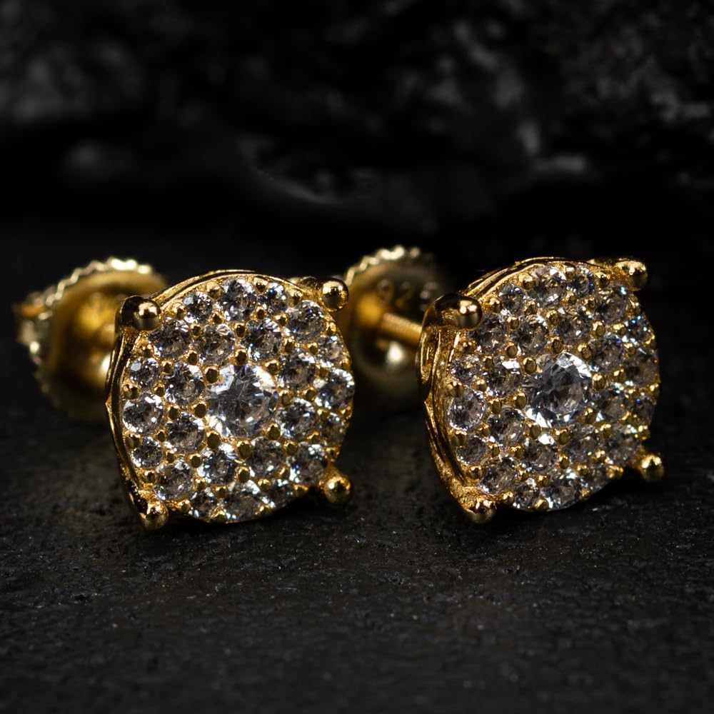 Round Flower Cluster Earrings for Men Women14K Yellow Gold 925 Sterling Silver Post Stud Earrings Hypoallergenic 5A CZ Stone 3D Flower Set Unisex Large 10mm Circle Screw On Earrings
