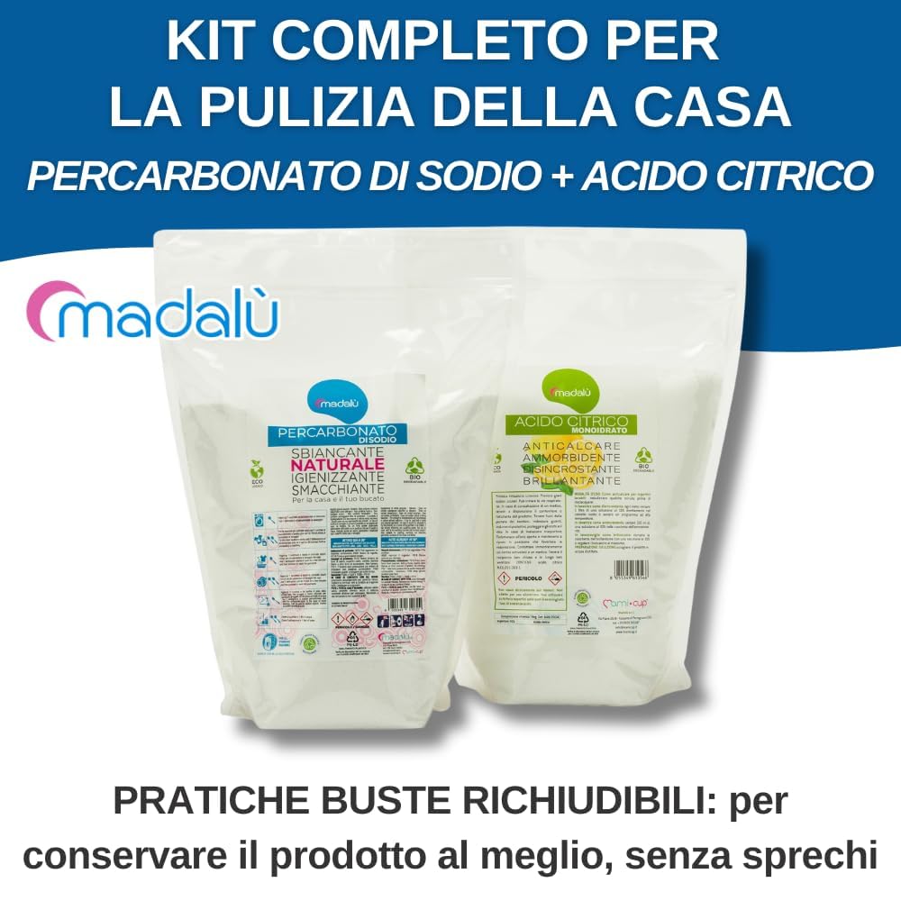 Kit Acido Citrico per Lavatrice + Percarbonato di Sodio Sbiancante (1,50 + 1,50 Kg) Azione Combinata per Sbiancante Bucato e Ammorbidente, Anticalcare Bagno, Antimuffa, Busta Richiudibile Riciclabile