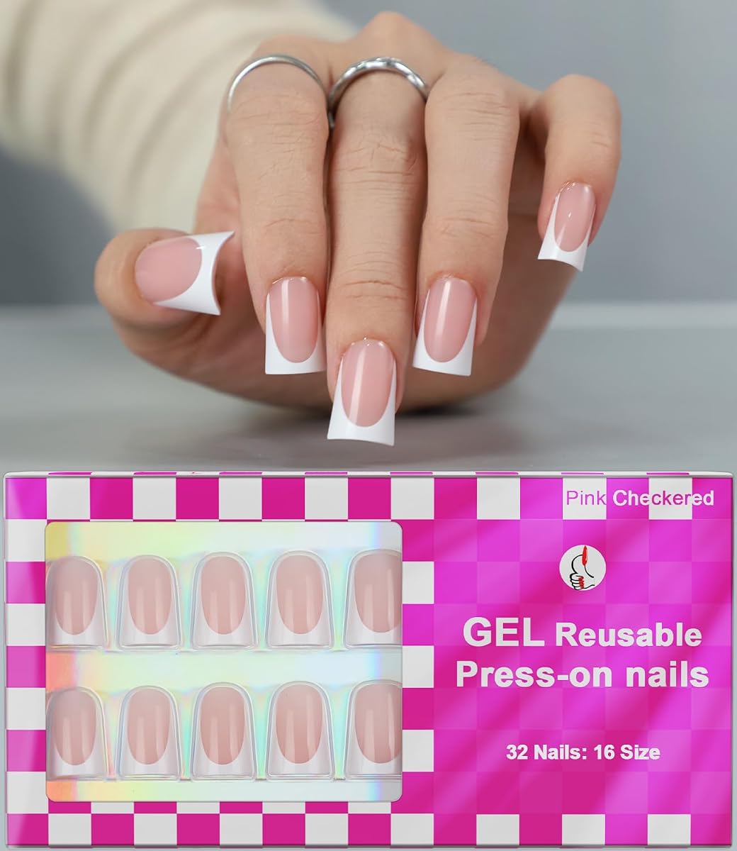 16 tamaños de punta francesa de pato corto para uñas, uñas postizas de gel suave, brillantes, 32 piezas con pegamento para uñas (francés clásico)