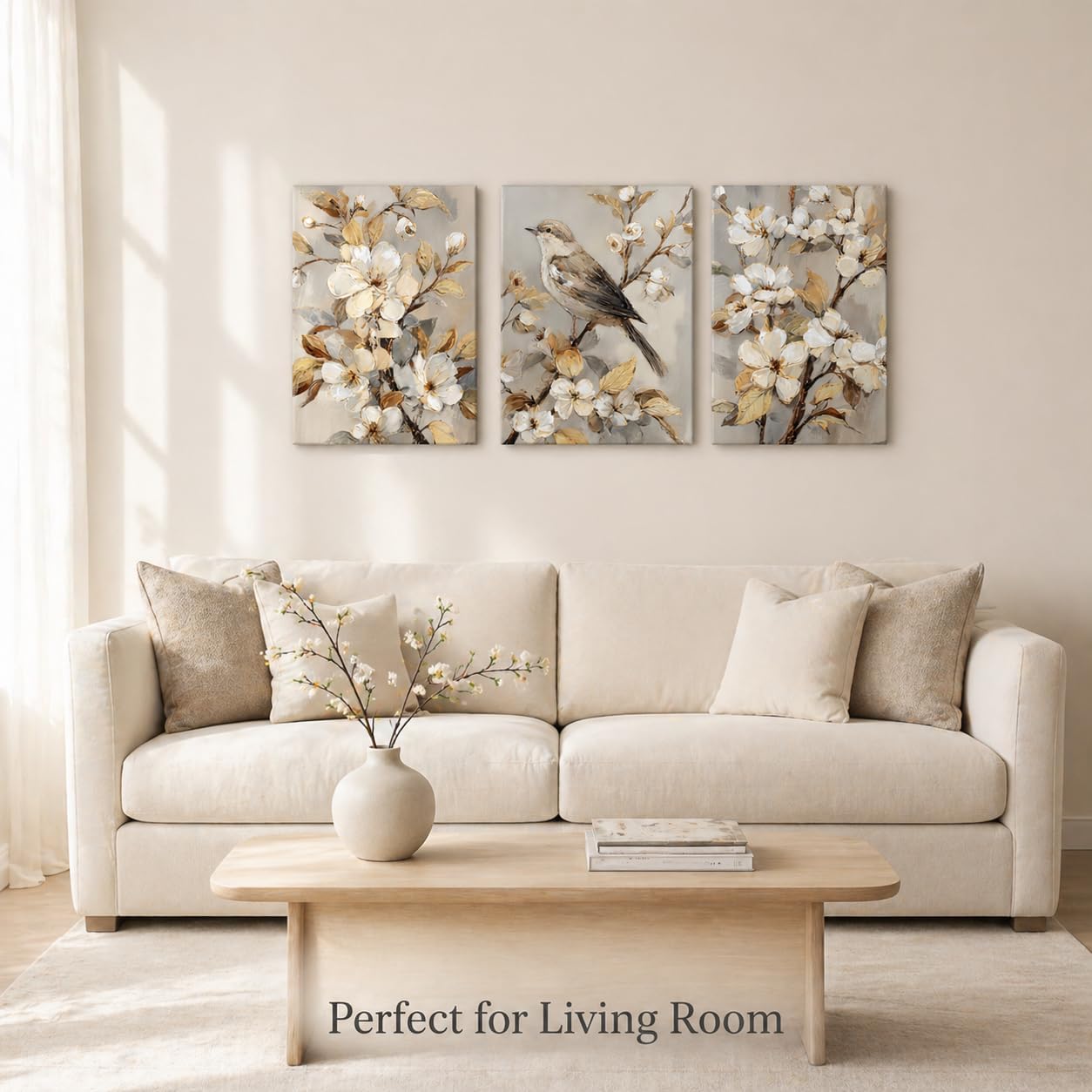 Artiluxy Neutral Botanical Wall Art Set of 3, Vintage Floral Bird Canvas Prints, Beige Flower Wall Decor for Living Room Bedroom Bathroom, Farmhouse French Country Style, 12x16 Inch Each