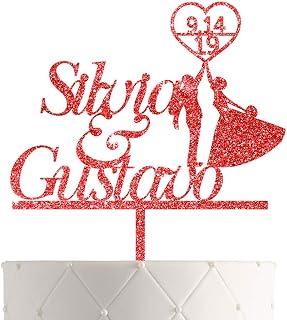 Personalized Wedding Cake Topper With Customized Bride and Groom Last Name or Marriage Date for Mr Mrs (Red Glitter)