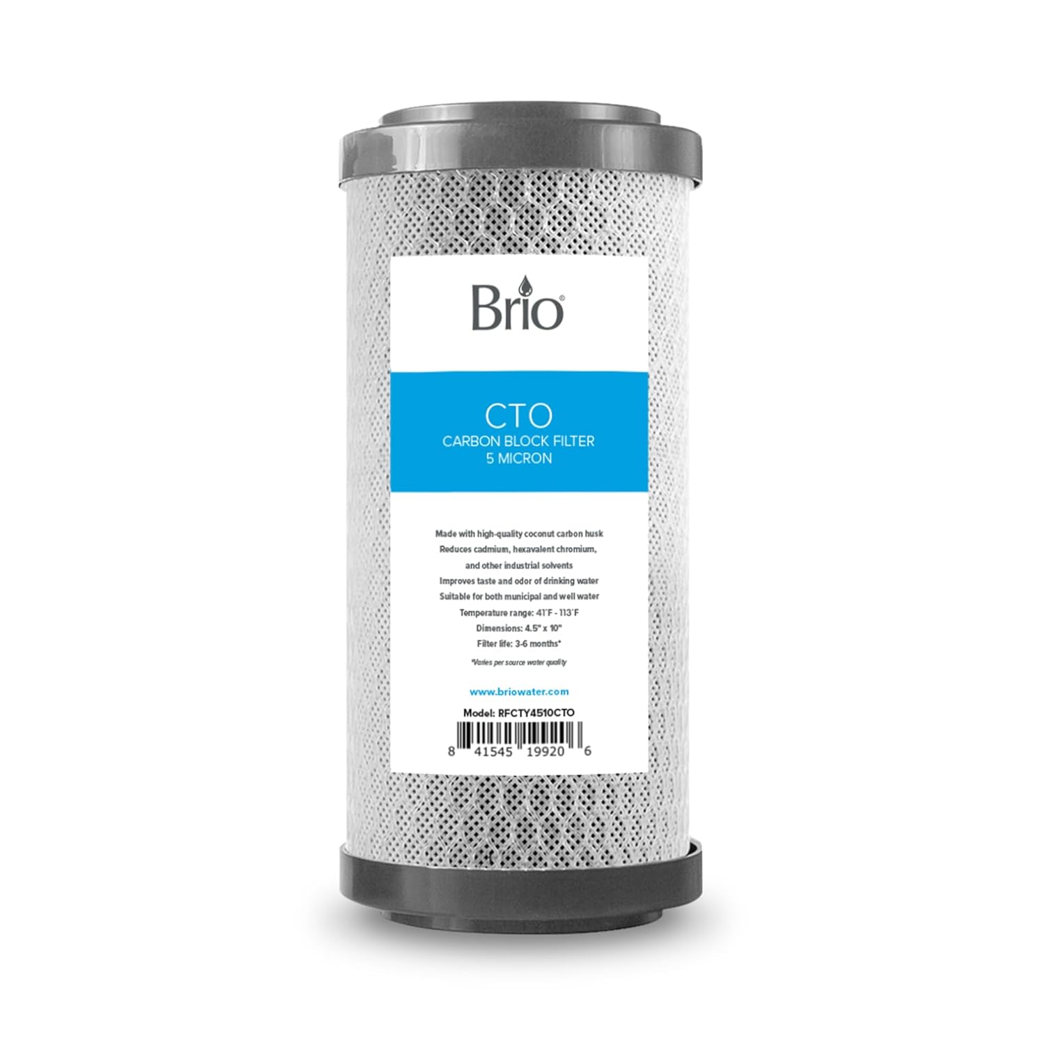 Brio RFCTY4510CTO | CTO Carbon Block Filter (5 micron) for Whole House Water Filter System (Universal Replacement Filter) Fast-Flow | Removes Dirt, Improves Taste & Protects Appliances | 4.5" x 10"