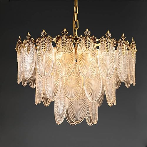 Moderno candelabro de cristal dorado de 24 pulgadas, iluminación colgante vintage con tambor de hoja de vidrio, 8 luces, redonda de gota de lluvia