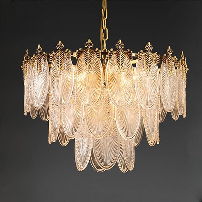 Modern Gold Crystal Chandelier 24'' Vintage Pendant Lighting with Glass Leaf Drum 8-Light Round French Raindrop Ceiling Light Fixture for Living Room Dining Room Bedroom Entryway Foyer