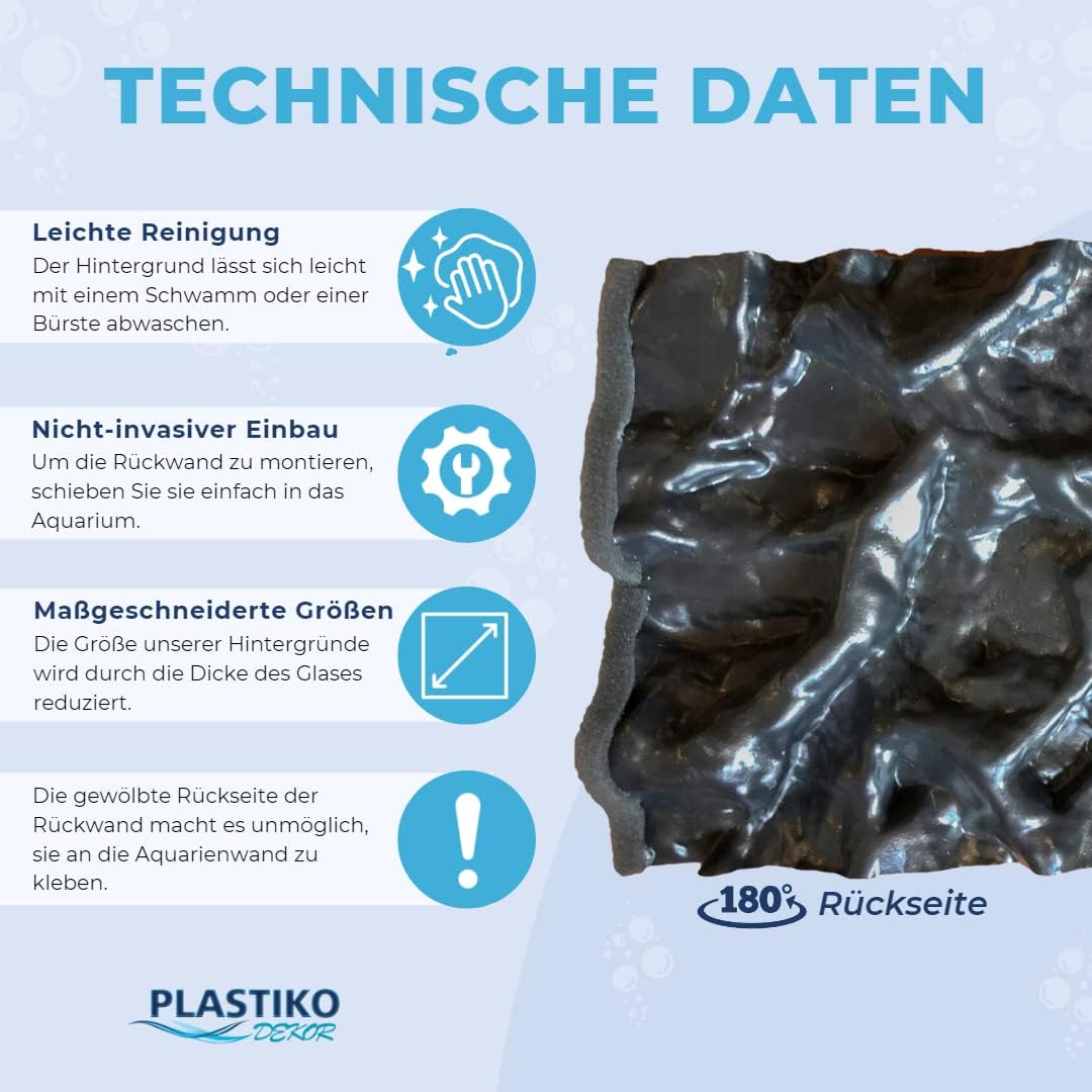 PLASTIKO - Fondo de Acuario 3D I Panel Trasero 150 x 50 cm I Fácil de Montar y Limpiar I No Requiere Pegado I Seguro para Animales I Negro con un patrón de Piedras Altas