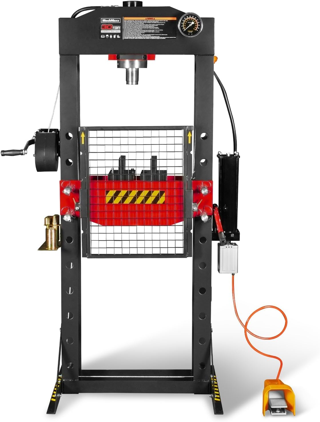 MechMaxx 30 Ton H-Frame Air/Hydraulic Shop Press with Hand Winch & Press Pin Kit, Fully Welded Steel Frame, Safety Guard, Foot Pedal Control, HSP30