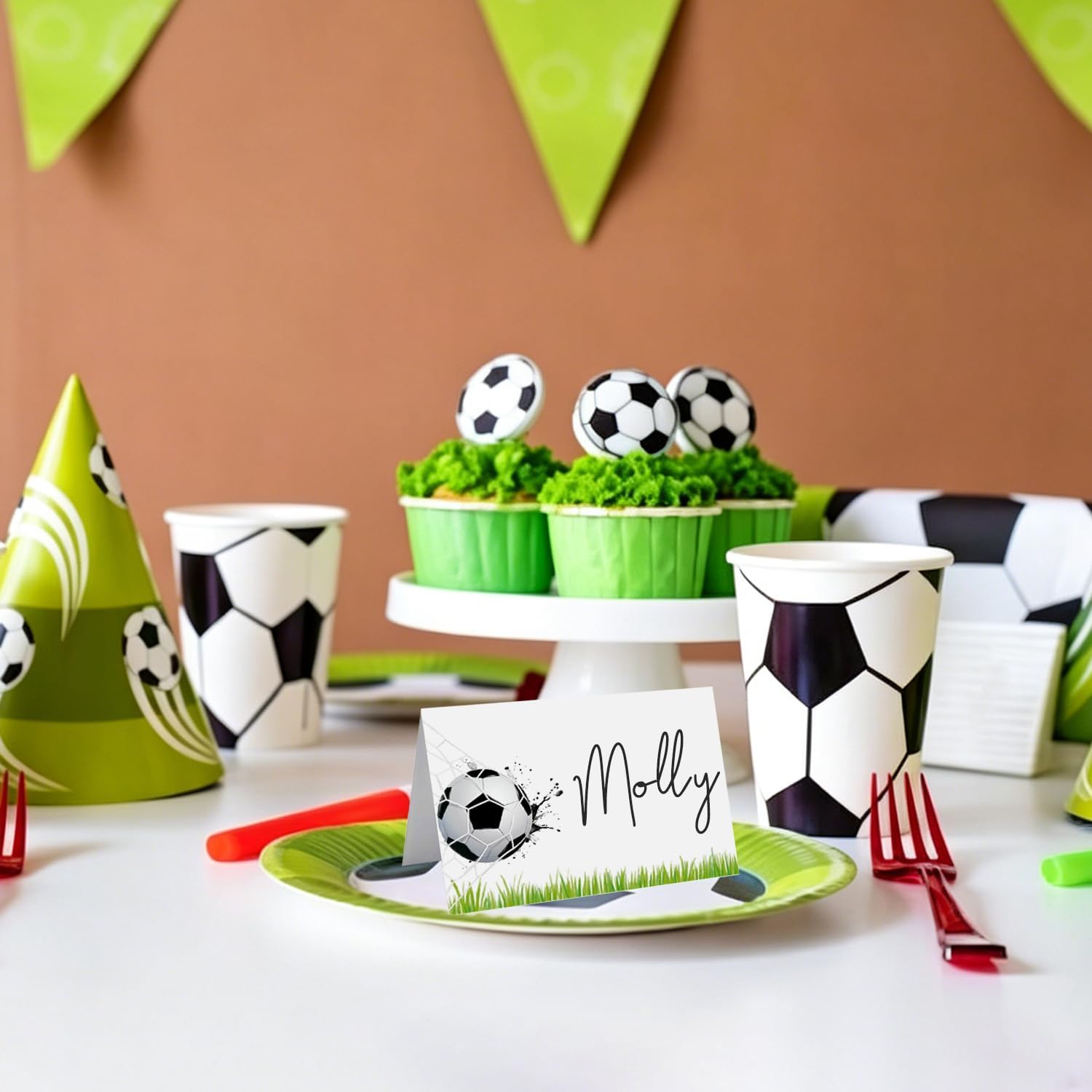 24 Pcs Soccer Buffet Food Labels, Sprots Themed Folded Place Cards and Tent Name Cards for Birthday and Baby Shower Party Table Setting Decorations Supplies