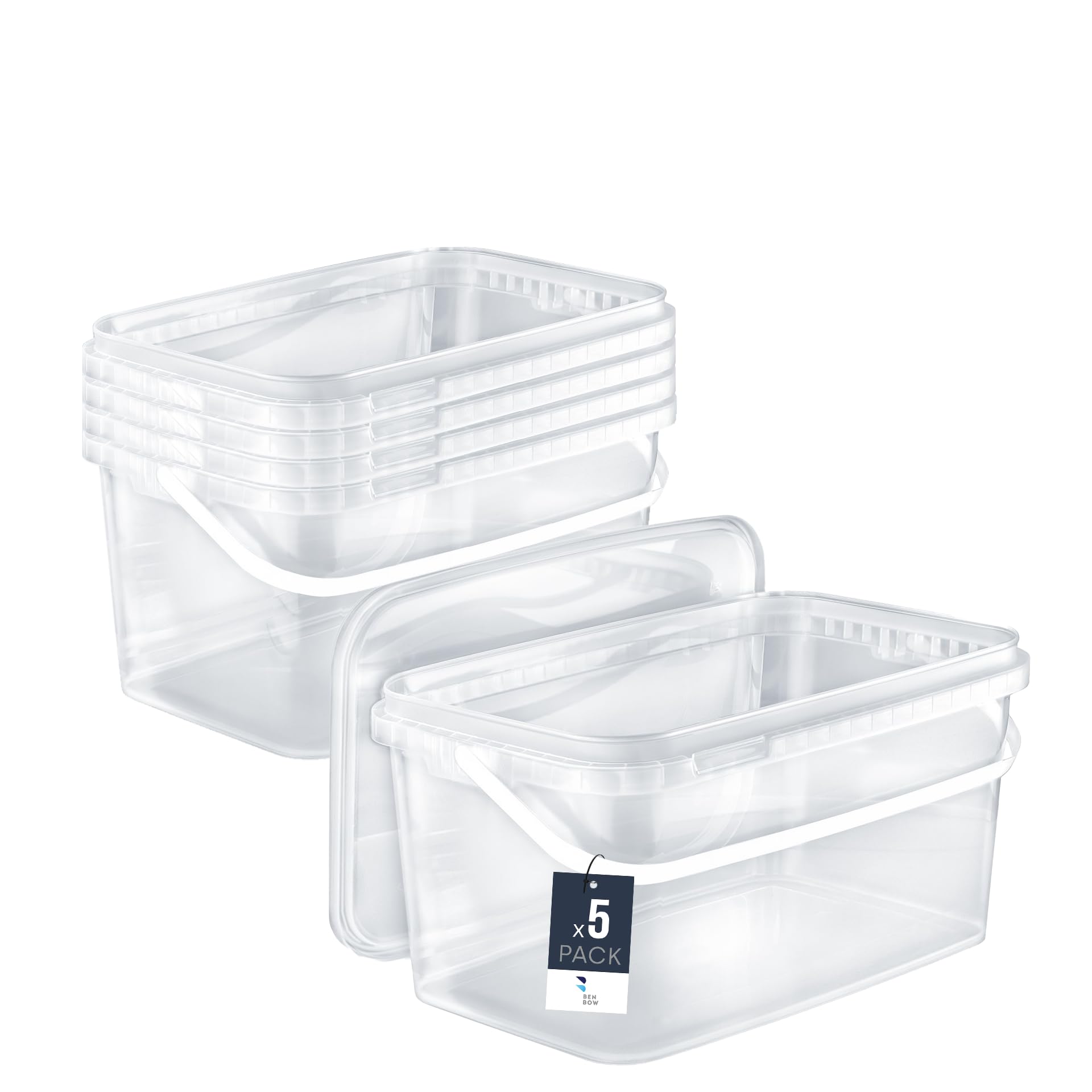 Benbow Transparent Rectangular Bucket With Lid 1.1 Gal (5X 5L) - Food-Safe, Stackable Plastic Box With Handle - Airtight, Leak-Proof, Odourless, Ideal For Home And Commercial Use - Empty