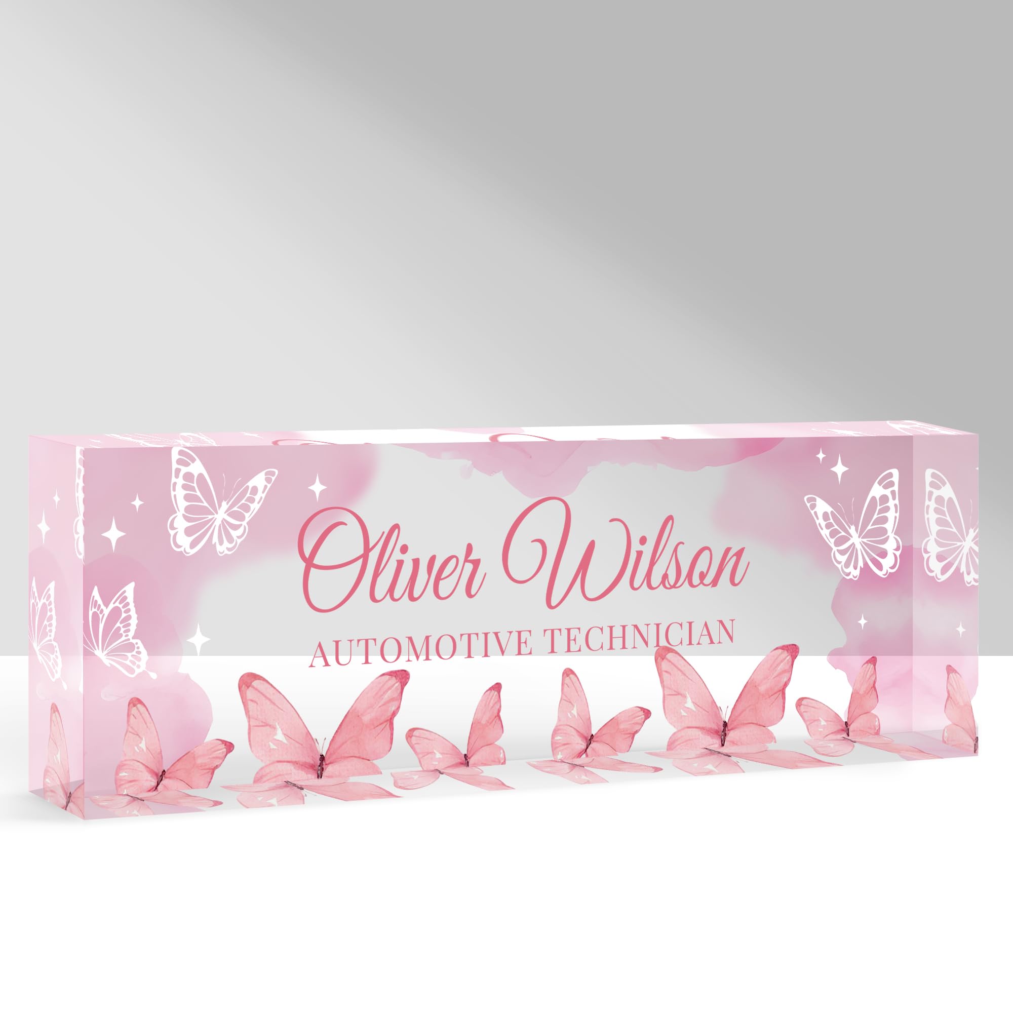 GifXify Custom Name Plate for Desk, Personalized Acrylic Office Name Sign with Name & Title, Elegant Desk Decor for Women Men, Employee Appreciation Gift (Pink Butterfly)