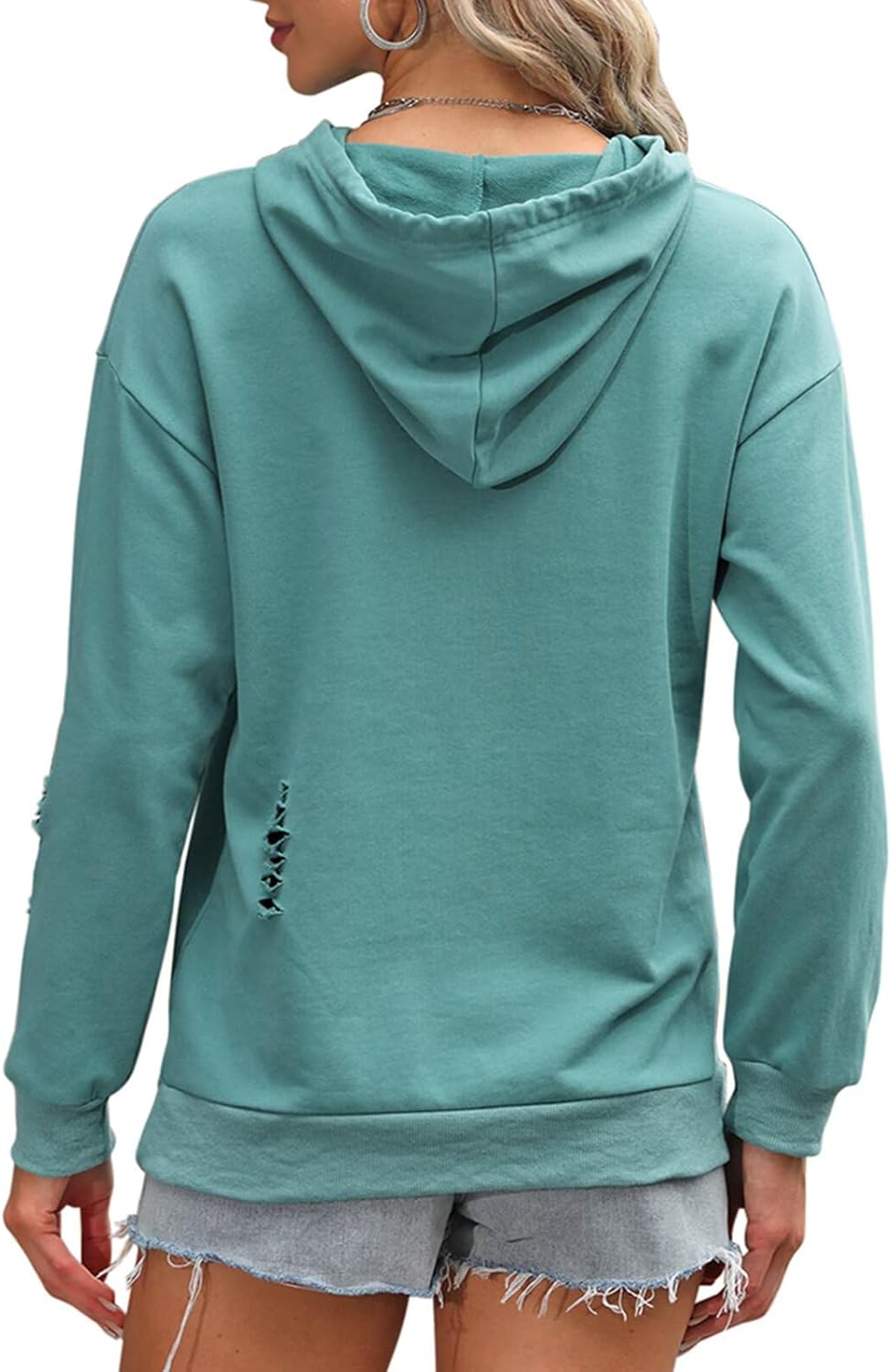 EADINVE Women's Hooded Sweatshirt Hollow Out Distressed Long Sleeve Drawstring Hoodie with Kangaroo Pocket - Image 5