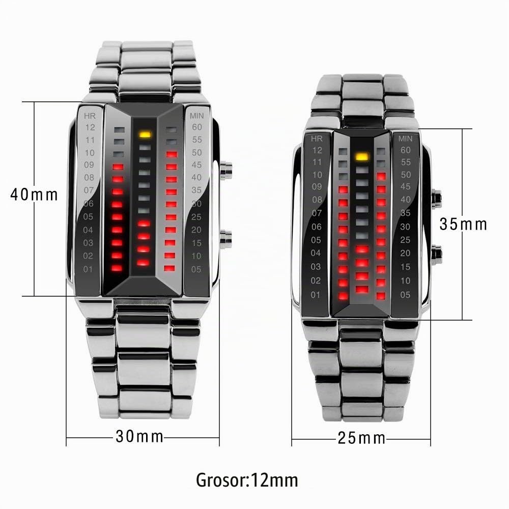 Unico Binario Relojes de Pulsera de Hombre y Mujer Calendario Rojo LED Digitales Luminosidad Acero Inoxidable Negro Rectangular Fashion Casual Estilo Reloj, Plateado