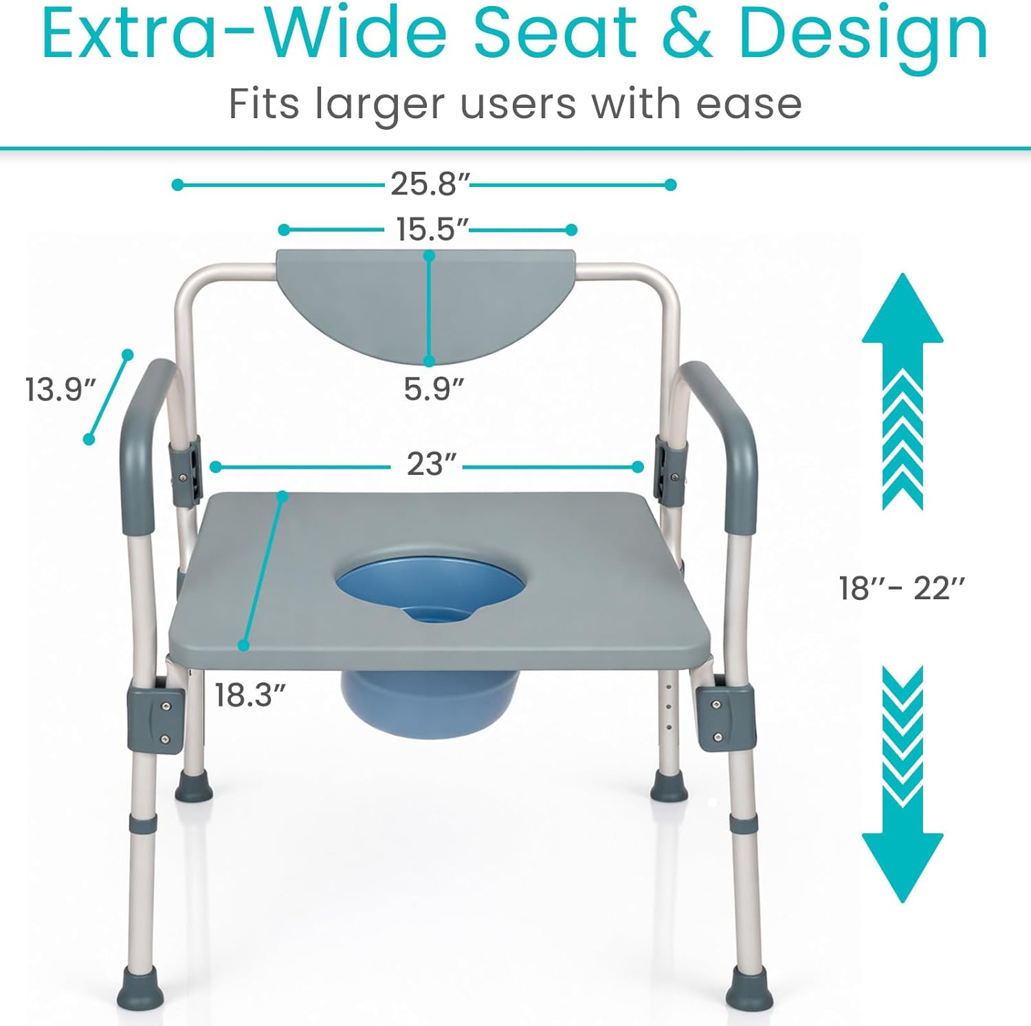 Vive Bariatric Bedside 4-in-1 Commode 550 lb Capacity - Bariatric Shower Chair & Portable Toilet - Heavy Duty Toilet Riser & Safety Frame - Extra Wide Padded Seat w/ 6-Quart Bucket & Splash Guard