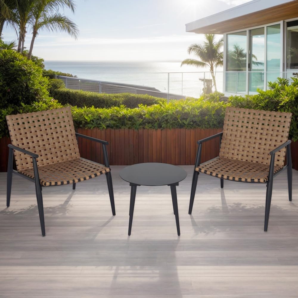 Outdoor Set:3 Pcs (Including 2 PE Rattan Chairs and 1 Table Black Steel & Tempered Glass